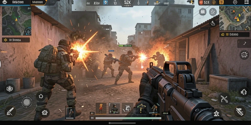 Tangkapan layar utama dari gameplay FPS 5ZK menunjukkan aksi tembak-menembak yang intens.