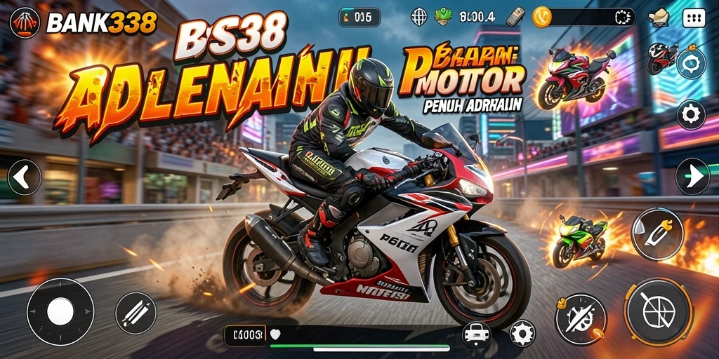 Screenshot utama BANK338 yang menunjukkan kecepatan balapan motor.