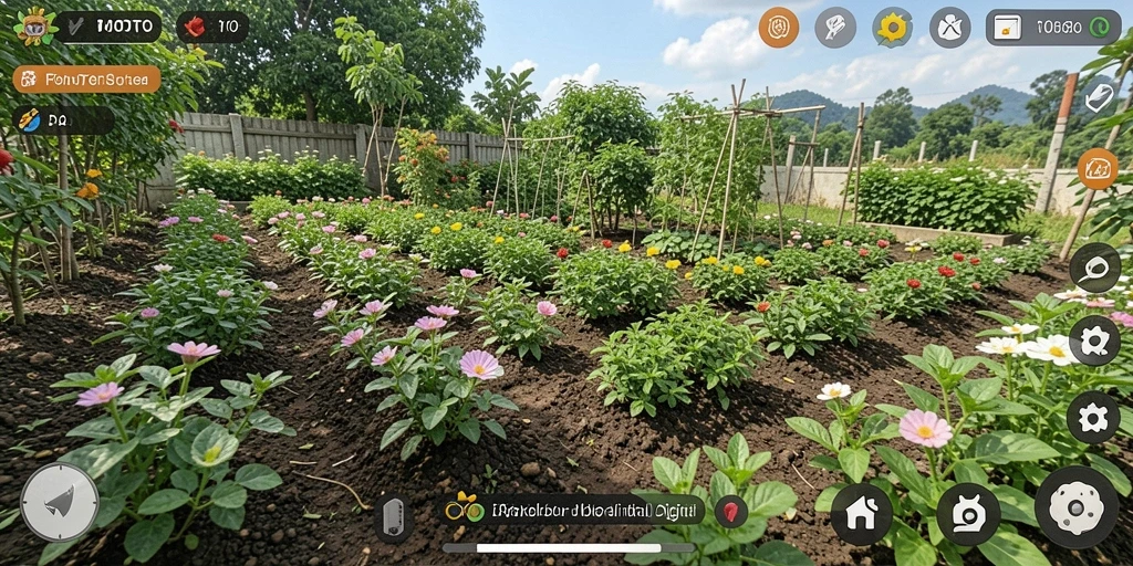 Screenshot gameplay FOMOTOTO yang menampilkan aktivitas berkebun interaktif.