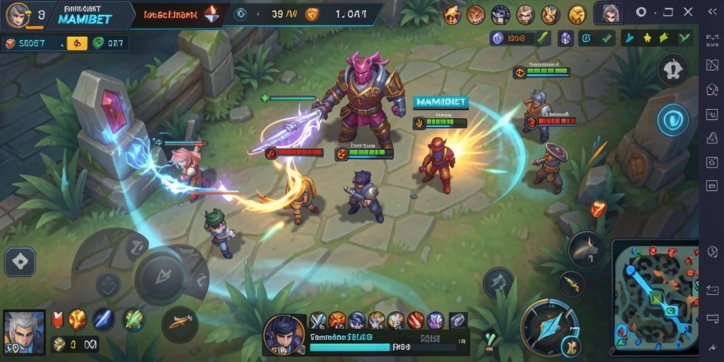 Screenshot gameplay MAMIBET yang menampilkan pertempuran dan pembangunan kota.