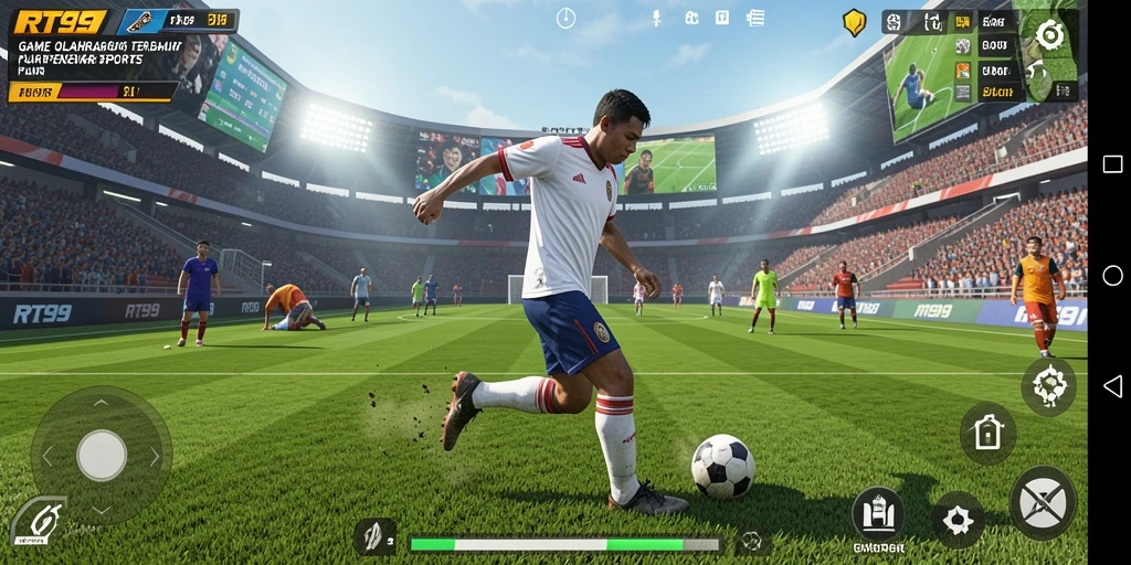 Screenshot utama RT99 menampilkan momen mendebarkan dari pertandingan olahraga.