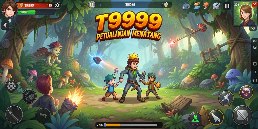 Screenshot gameplay T9999 menunjukkan aksi mendebarkan para petualang.